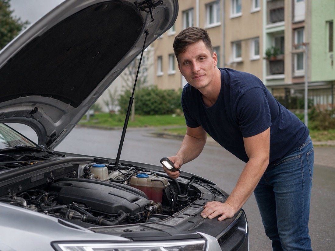 David Hrubý kontroluje motorový prostor ojetého vozu u prodávajícího.